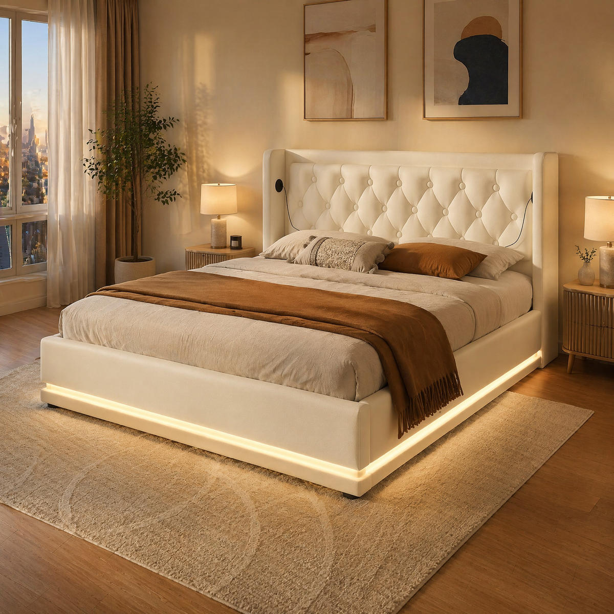 POLSTERBETT 160/200 mit Bettkasten, LED-Beleuchtung und USB Type-C Ladefunktion in Weiß - Weiß, Holzwerkstoff/Textil (160/200cm) - EVRYAE