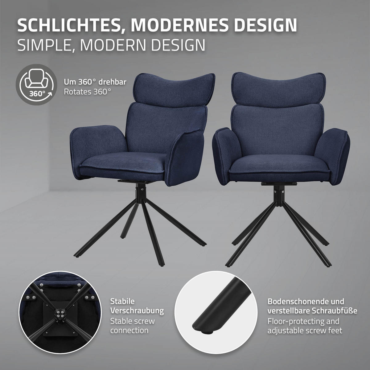 ESSZIMMERSTÜHLE 2er Set drehbar Dunkelblau mit Stoffbezug - Schwarz/Dunkelblau, Textil/Metall (63/89/68cm) - ML-DESIGN