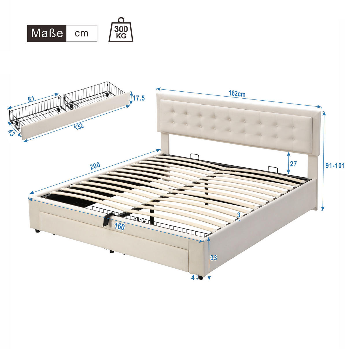 BETT mit Bettkasten und Schubladen 160x200 cm Samt Beige - Beige, Metall (160/200cm) - Meubliv