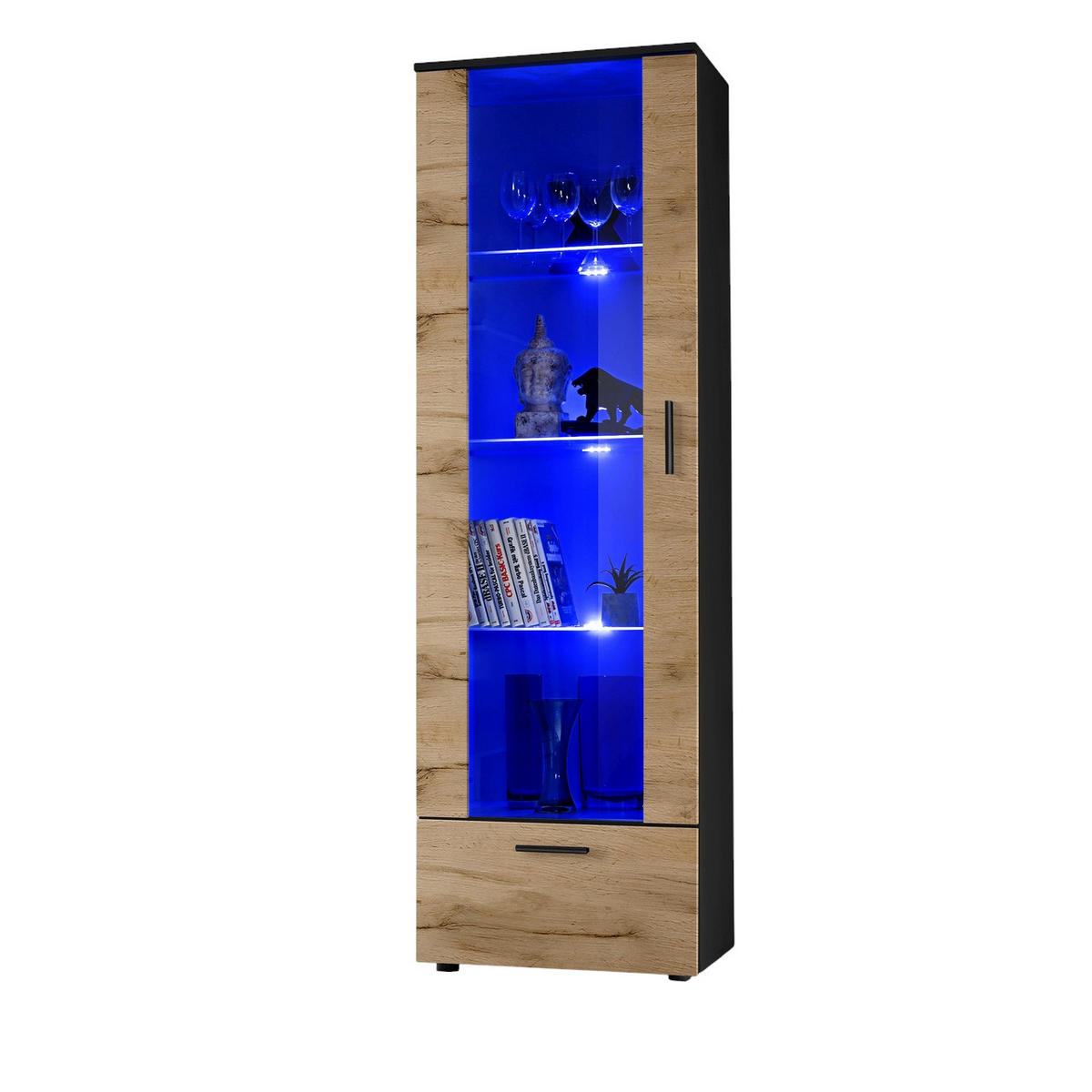 VITRINE ALESSANDRIA, Wotan, LED Blau - Eiche Wotan/Schwarz, Glas/Holzwerkstoff (60/192/42cm) - Komodee