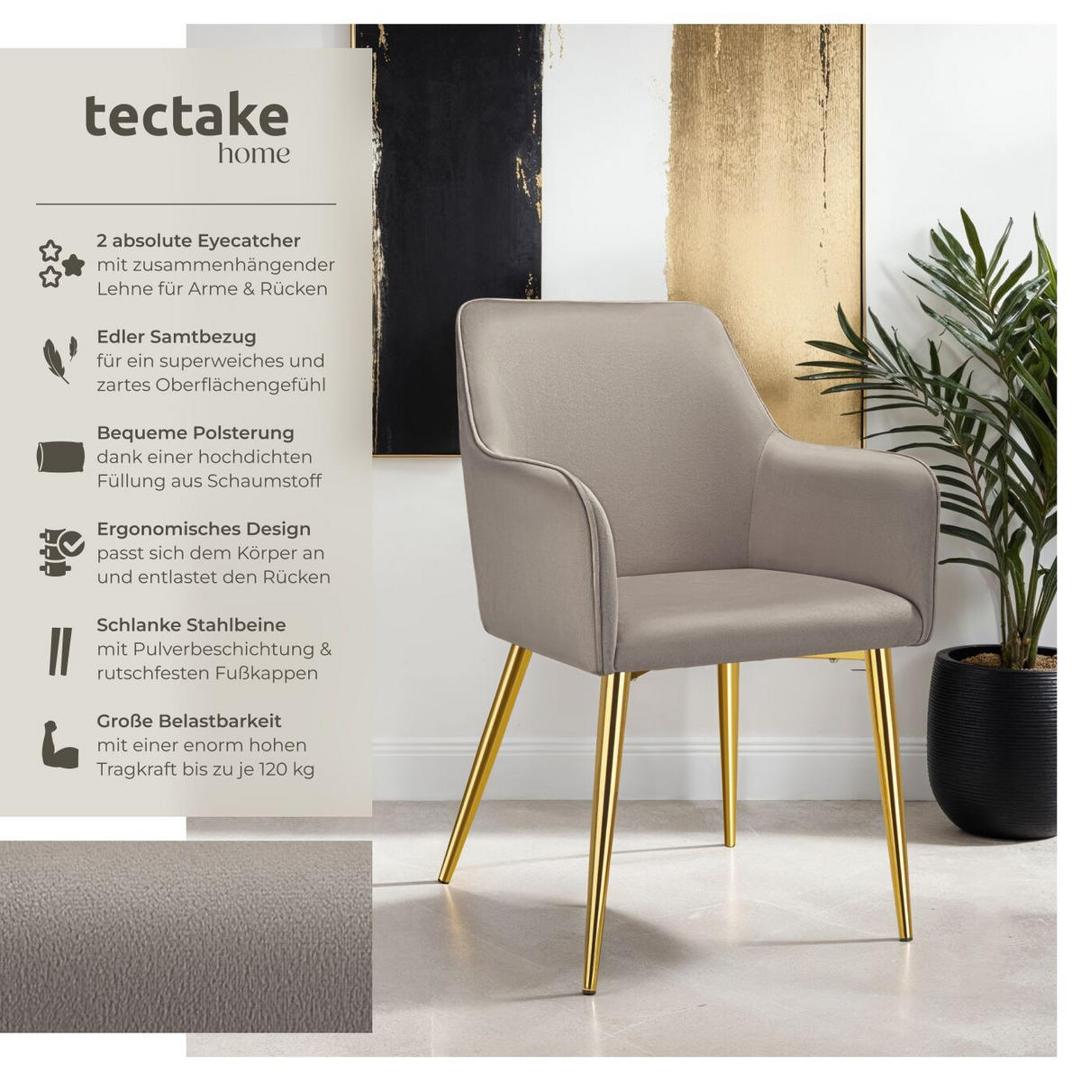 ARMLEHNSTUHL 2er Set Avane 55 x 63 5 x 86 5 cm taupe - Taupe, Textil (55/86.5/63.5cm) - tectake