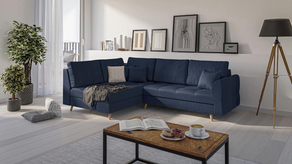 ECKSOFA MIT HOCKER Lorine Mikrofaser Dunkelblau - Hellbraun/Dunkelblau, Buchenholz/Textil (231/161cm) - S-Style Möbel