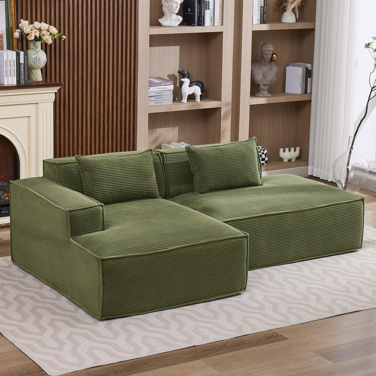 ECKSCHLAFSOFA L-/U-/2-er Sofa mit Schlaffunktion,Modulsofa,Cord,Hellgrün - Hellgrün, Textil (129/233cm) - LVHOM