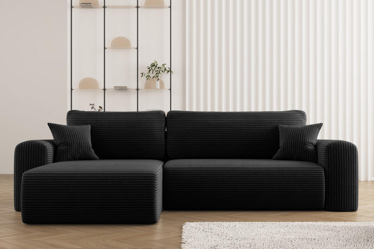 ECKSOFA Mit Schlaffunktion und Stauraum für Bettzeug Capri Stoff Poso Schwarz Links - Schwarz, Holz/Textil (145/272cm) - Kaiser Möbel