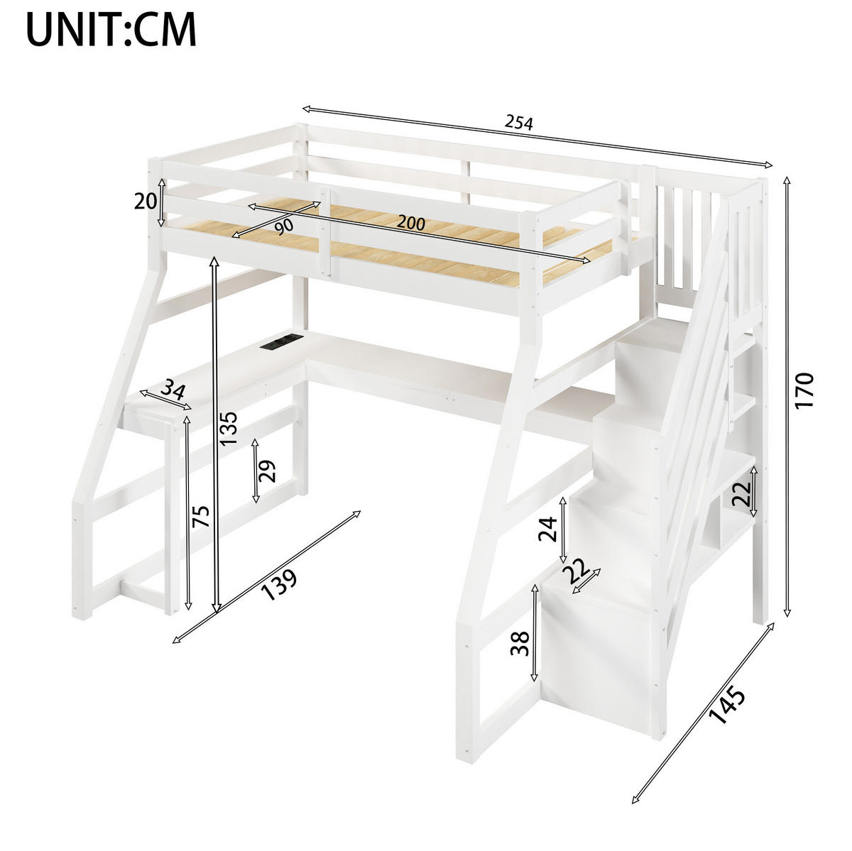 HOCHBETT 90/200 cm, Weiß mit L-förmigem Schreibtisch, LED und Stauraumtreppe - Weiß, Holz (90/200cm) - MIVRAY