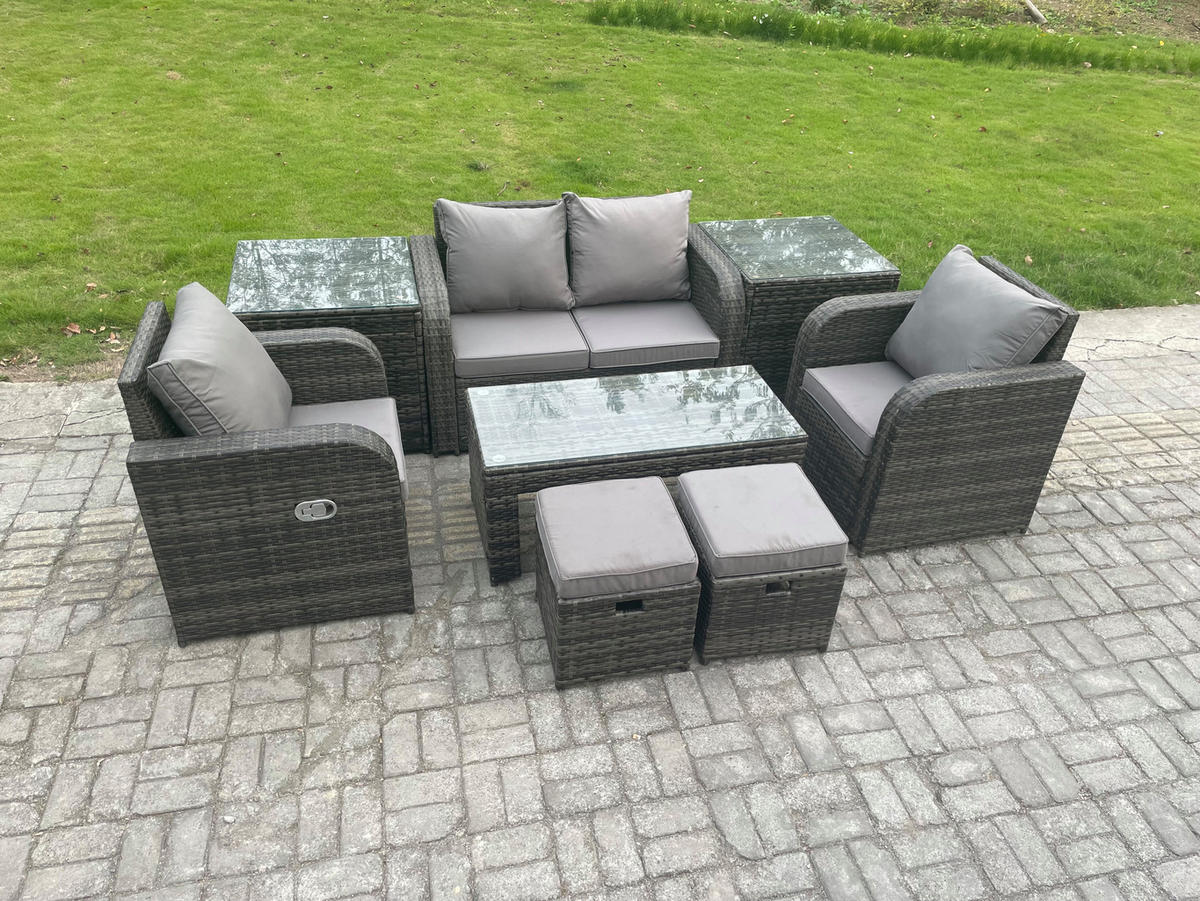 GARTENSOFA SET mit COUCHTISCH Polyrattan 5-Sitzer - Dunkelgrau/Grau, Glas/Kunststoff - Fimous