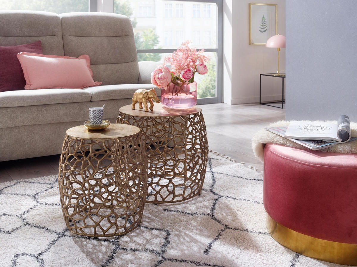 SATZTISCH Set – 2-teilig Aluminium Gold handgefertigt Aststruktur - Goldfarben, Metall (46/46/42cm) - KADIMA DESIGN