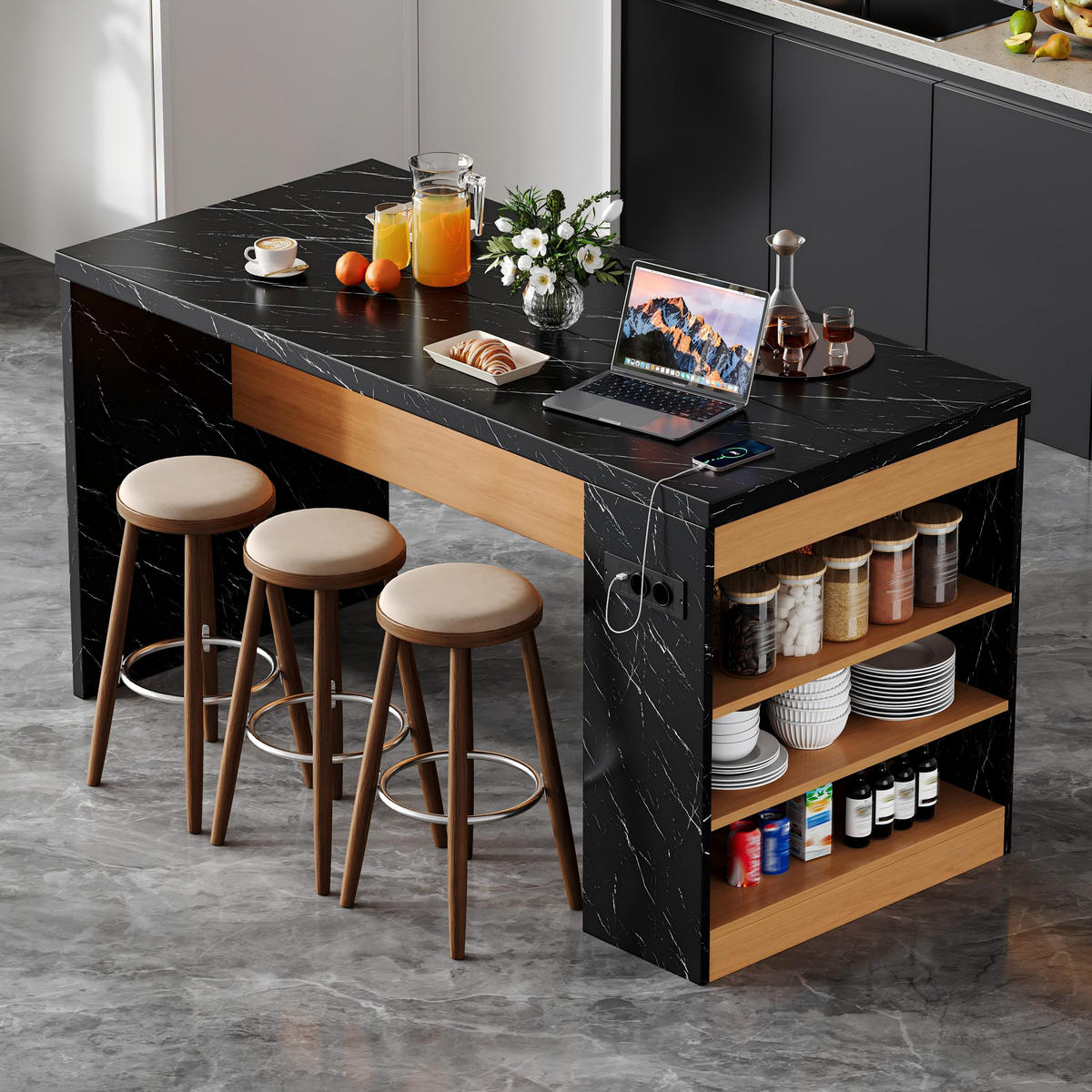 KÜCHENINSEL 90 cm MDF Schwarz Natur mit LED-Beleuchtung und USB-Steckdose - Schwarz, Holzwerkstoff (80/90/155cm) - Korfee