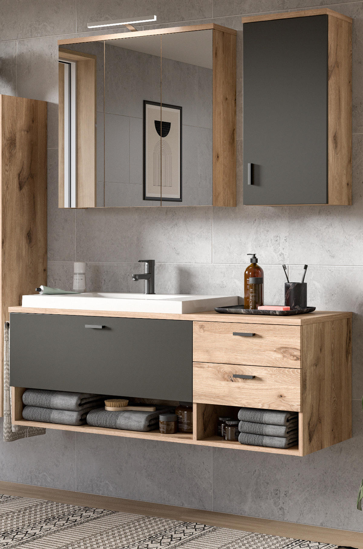 BADMÖBEL-SET Eiche, grau matt 138 cm, Kombination mit Waschbecken - Eichefarben/Grau, Holzwerkstoff (140/192/48cm) - Inn.Furn