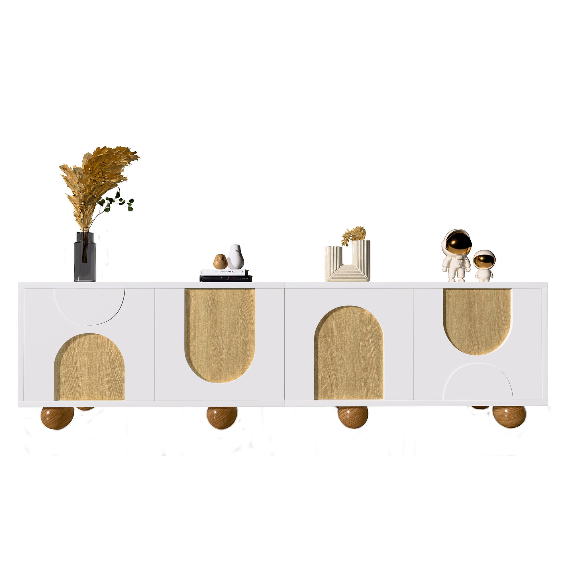 LOWBOARD 175/38/50 cm aus MDF mit 4 Türen und rundem Holzfuß Natur/Weiß - Hellbraun, Holzwerkstoff (175/50/38cm) - Modenvie