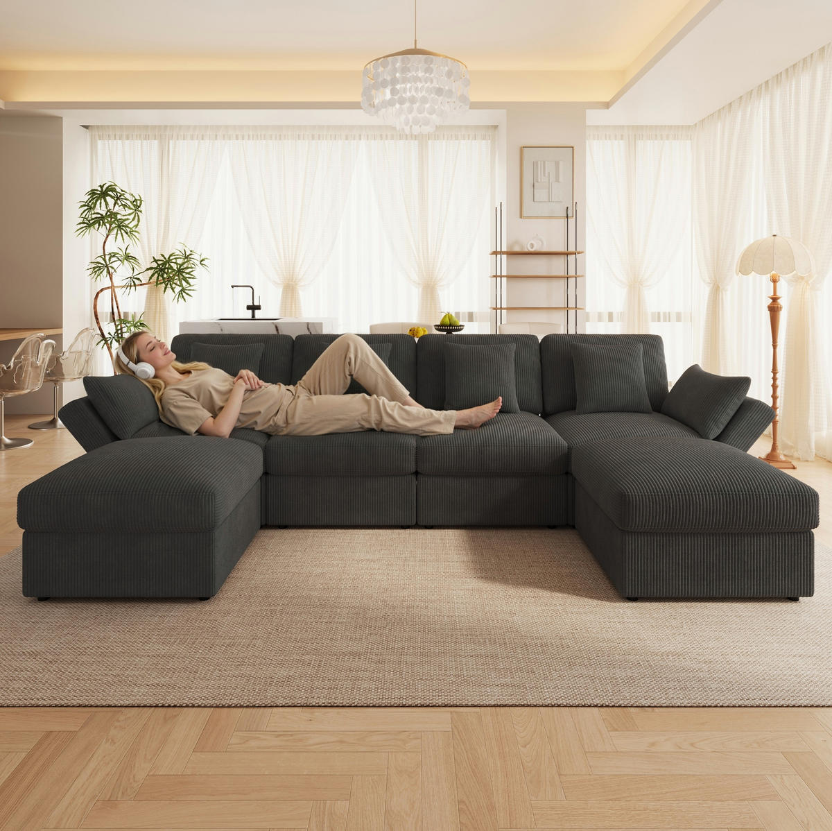 ECKSOFA 290/159,5/89 cm mit verstellbaren Armlehnen, modular und mit Hockern, Cord, Grau - Grau, Textil (290/159.5cm) - Redom