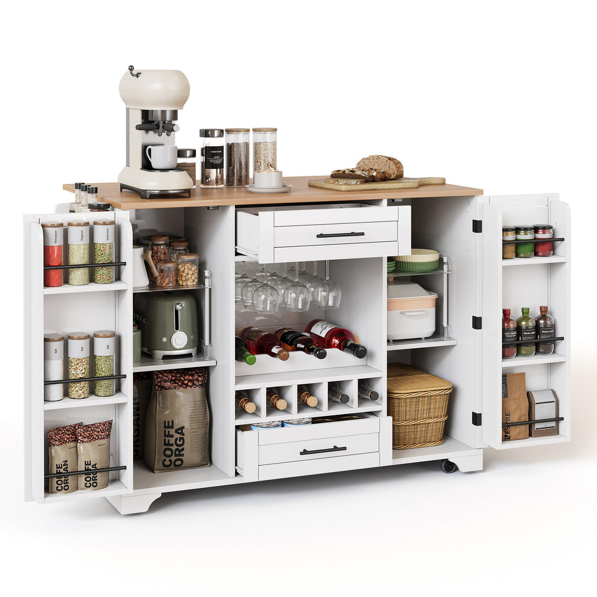 KÜCHENINSEL auf Rollen mit klappbarer Arbeitsplatte und Weinregal, Weiß, 138/45/92 cm - Weiß, Kunststoff (70/92/138cm) - Rolipo