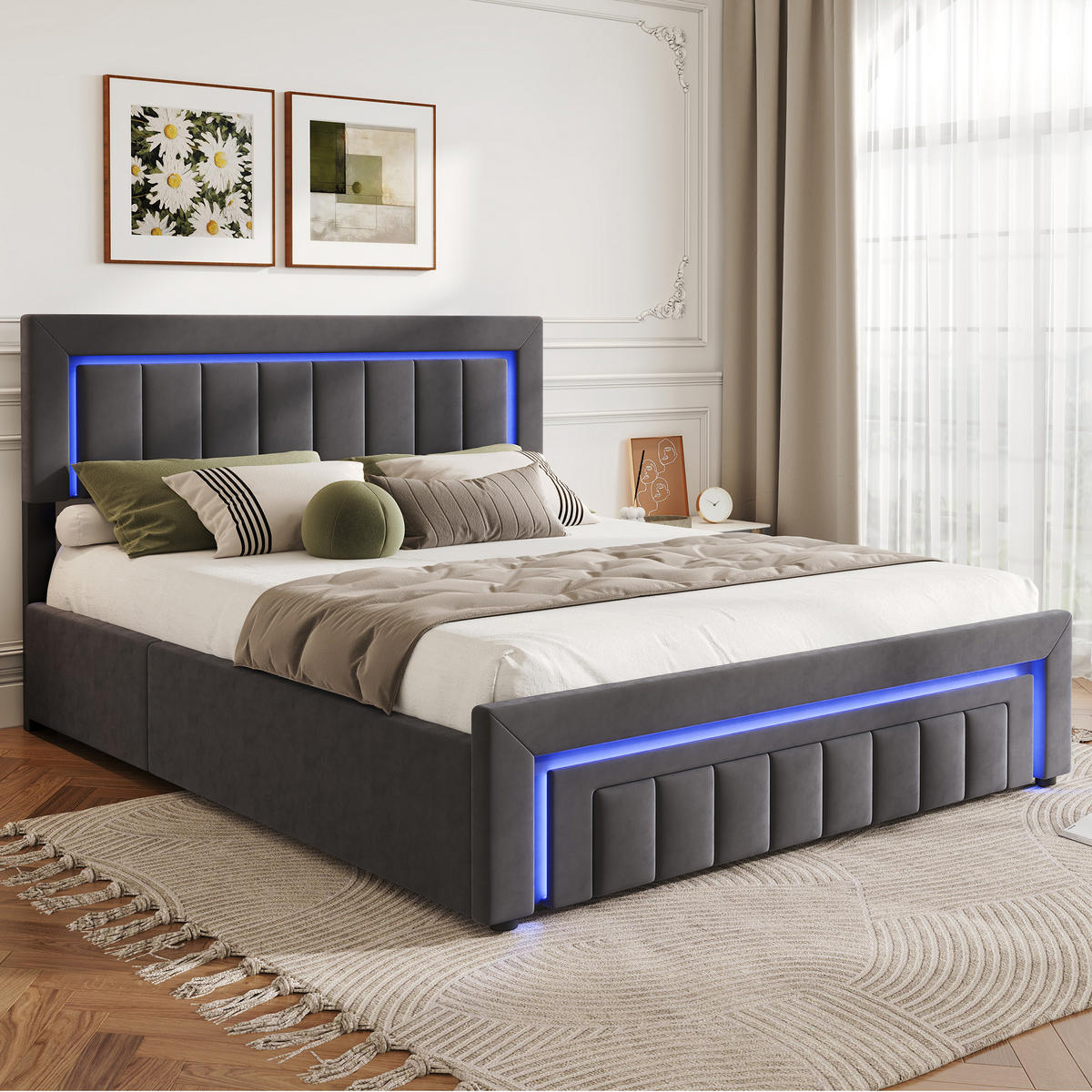 POLSTERBETT 140/200 mit Matratze und Bettkasten, mit Schubladen und LED, in Grau - Grau, Holzwerkstoff/Textil (140/200cm) - STILVORA