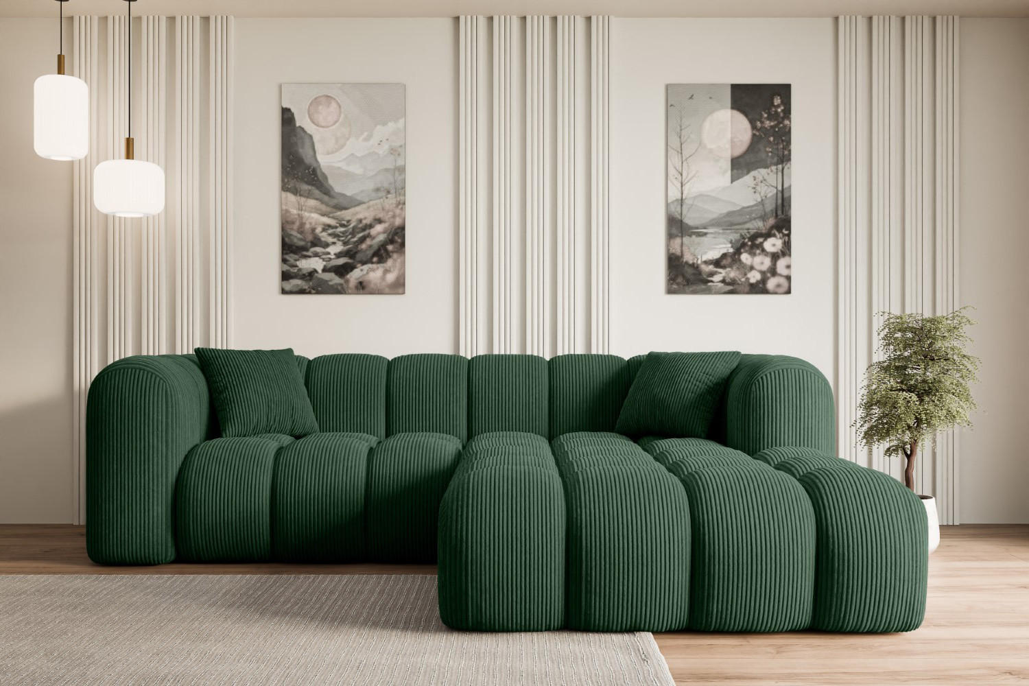 ECKSOFA Ottomane Rechts OLEA-L1 - 231x173x74 cm Grün Cord - Schwarz/Grün, Holzwerkstoff/Kunststoff (231/173cm) - ALTDECOR