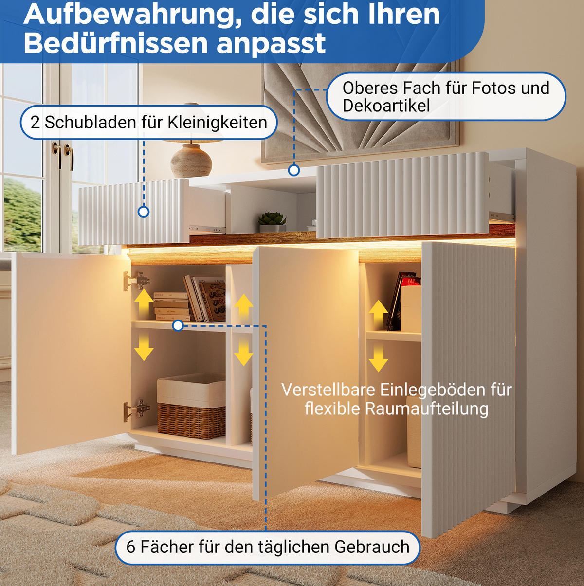 SIDEBOARD 140/40/85 cm aus Holz mit LED-Beleuchtung Weiß - Weiß, Holzwerkstoff (140/85/40cm) - Modenvie