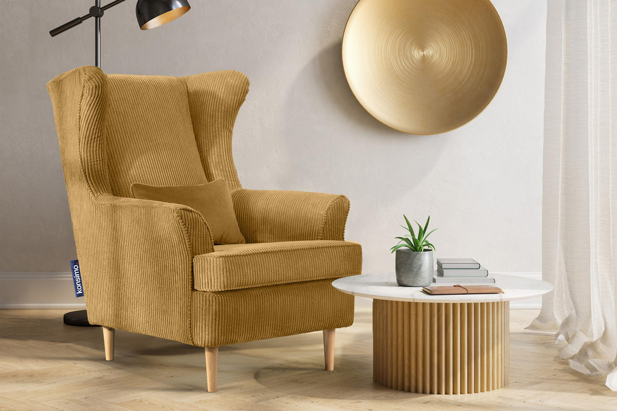 OHRENSESSEL STRALIS inklusive dekorativem Kissen, gelb - Dunkelgelb, Textil (82/108/80cm) - KONSIMO®
