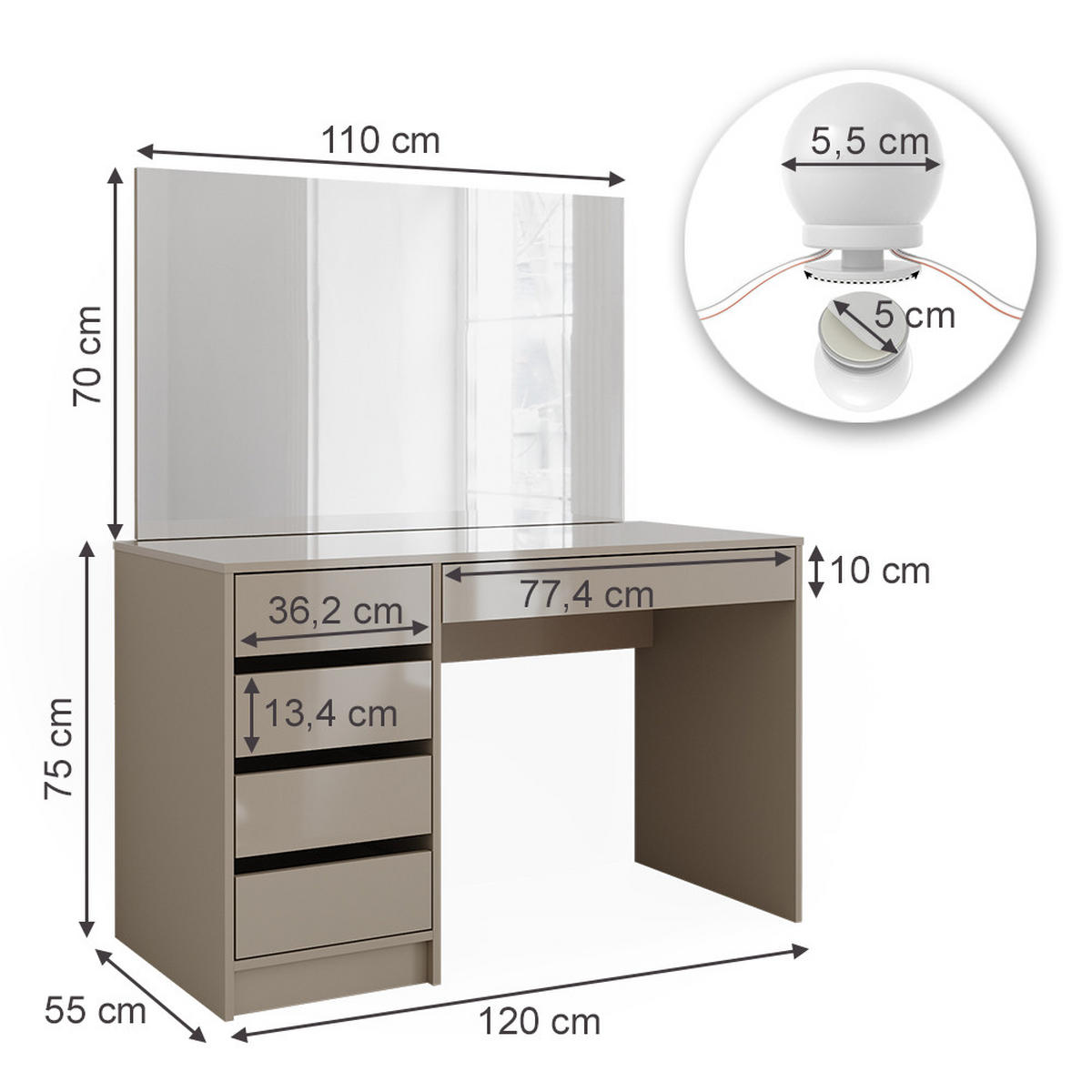 SCHMINKTISCH Sherry Greige 120 cm mit LED-Kette - Greige, Holzwerkstoff (120/75/55cm) - Vicco