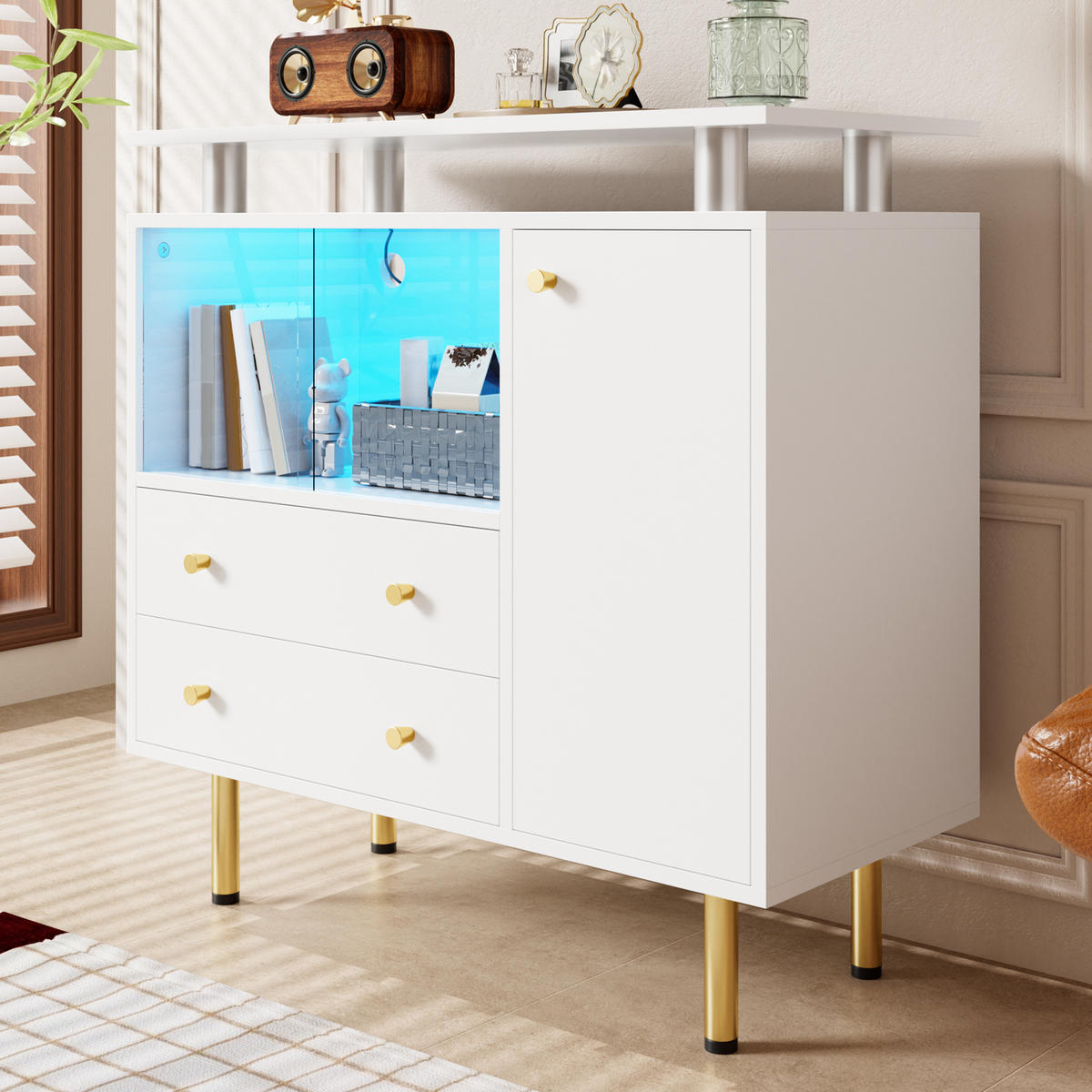 SIDEBOARD LED Glasschiebetüren 2 Schubladen Metallfüße 80cm - Weiß, Glas (80/80/35cm) - FLIEKS