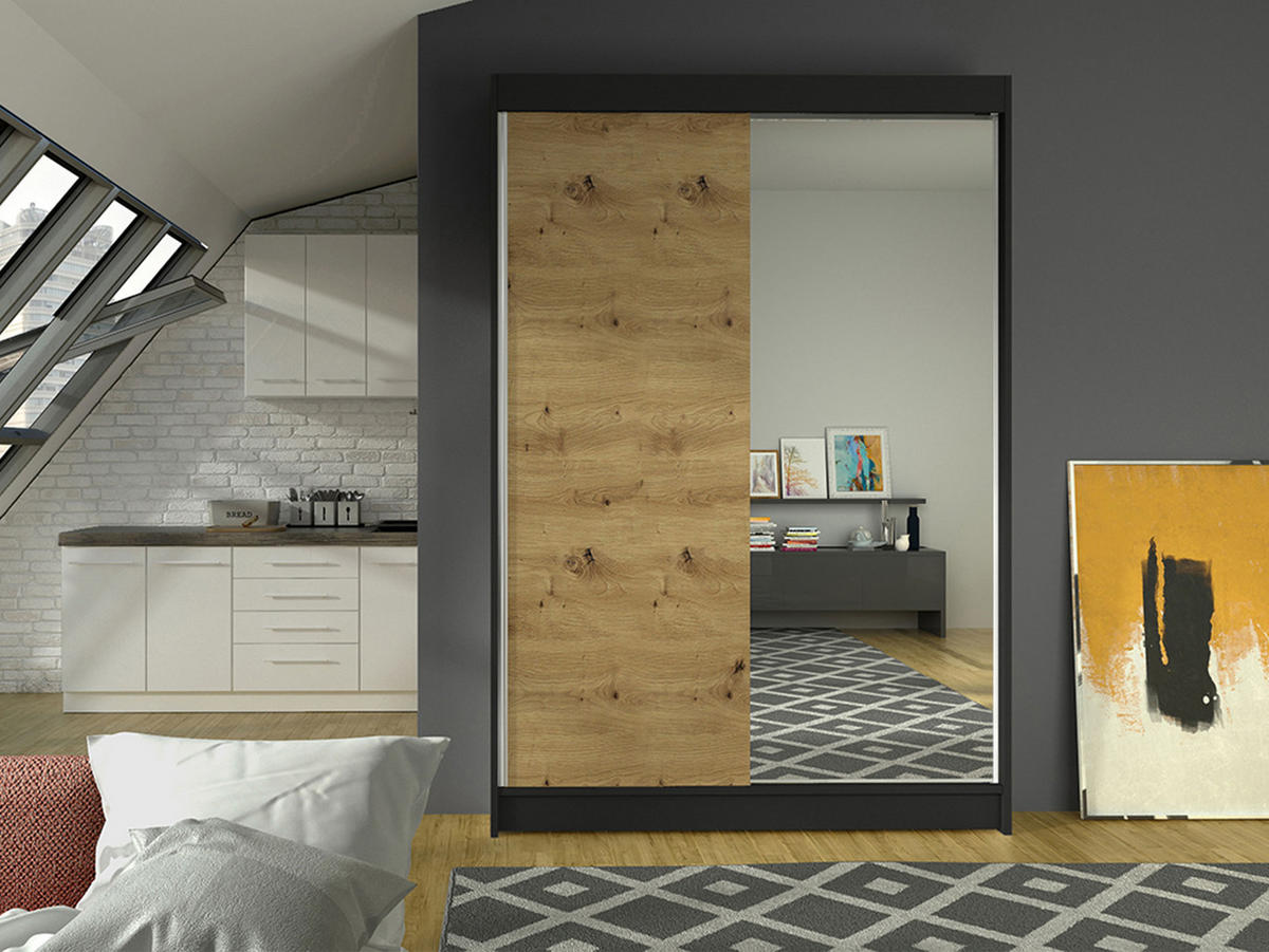 SCHWEBETÜRENSCHRANK Lino I - Schwarz/Eiche Artisan, Holzwerkstoff/Metall (120/200/58cm) - MIRJAN24