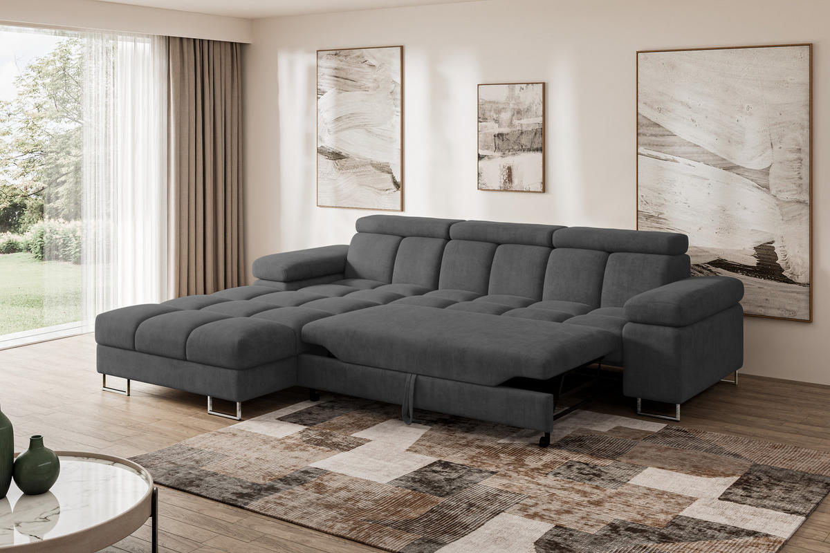 ECKSOFA mit Schlaffunktion Ottomane Links COMA L 271x203x79 Dunkelgrau Velours - Dunkelgrau, Holzwerkstoff/Textil (271/203cm) - ALTDECOR