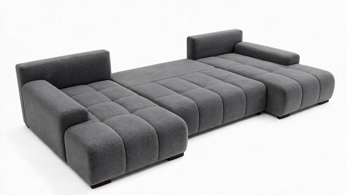 WOHNLANDSCHAFT OVIA U mit Bettkasten und Schlaffunktion, Bouclé-Stoff in U-Form - Dunkelgrau, Textil (350/80/185cm)