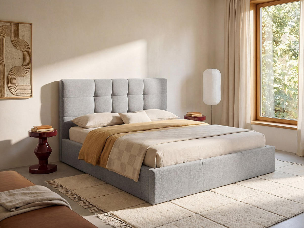 BETT mit Bettkasten - 2 Personen - Stoff - Hellgrau - Hellgrau, Textil (180/200cm) - Vente-Unique