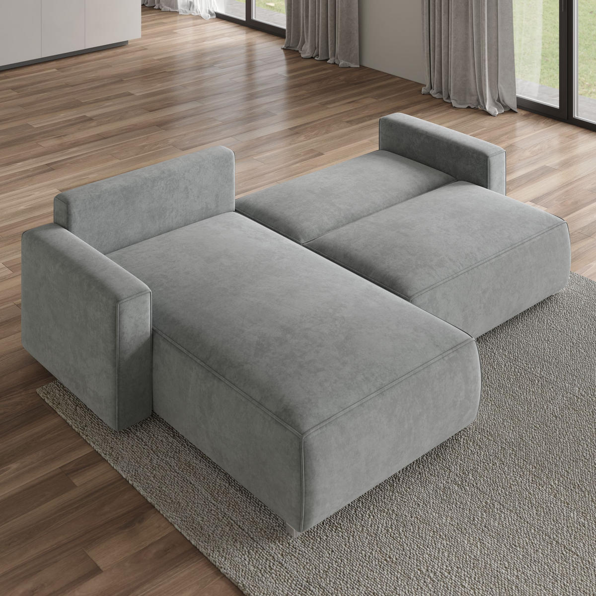 ECKSOFA FORIL Blau Velours-Stoff mit Schlaffunktion - Blau, Holz (265/178cm) - MASSENO