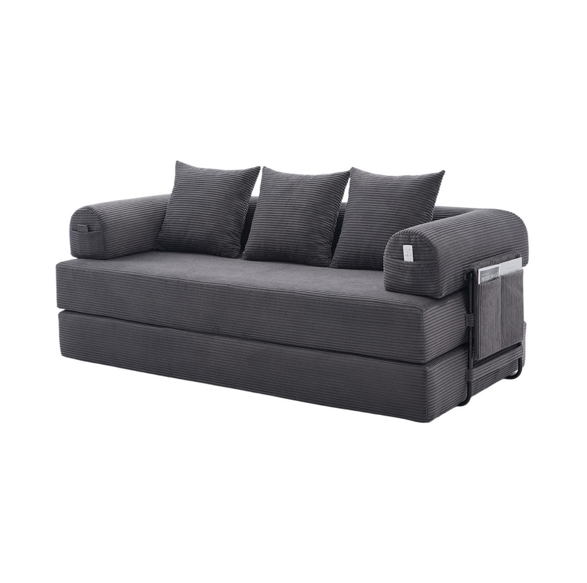 SOFA modular mit Seitentasche 200 x 94 x 67 cm Cord Dark Gray inkl. 3 Kissen - Dunkelgrau, Kunststoff (94/67/200cm) - Meubliv