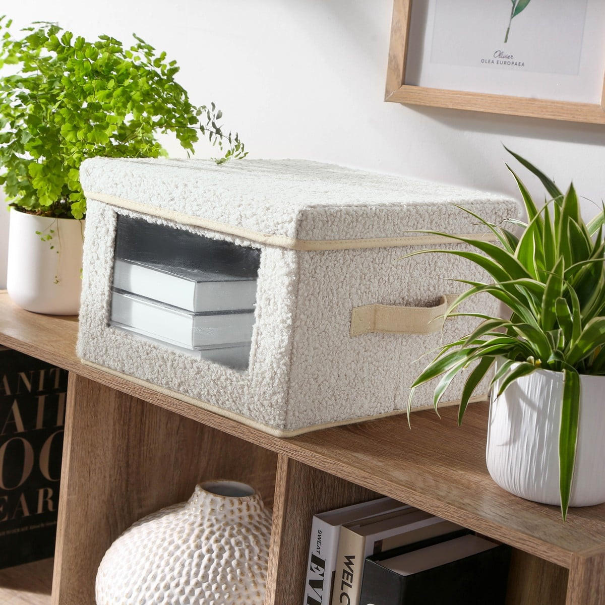 AUFBEWAHRUNGSBOX aus bouclé-stoff in ecru mit fenster -40/28/30 cm - Ecru, Textil (32/28/30cm) - Calicosy