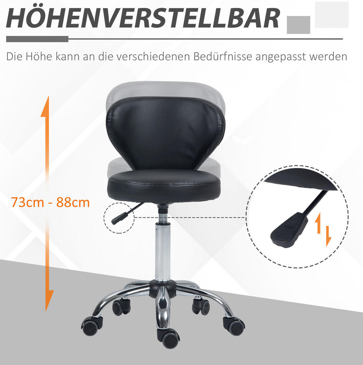 ROLLHOCKER in Schwarz 45x54x88 cm, höhenverstellbar mit Rückenlehne und 5 Rollen - Schwarz, Kunststoff (54/88/45cm) - IVMEU