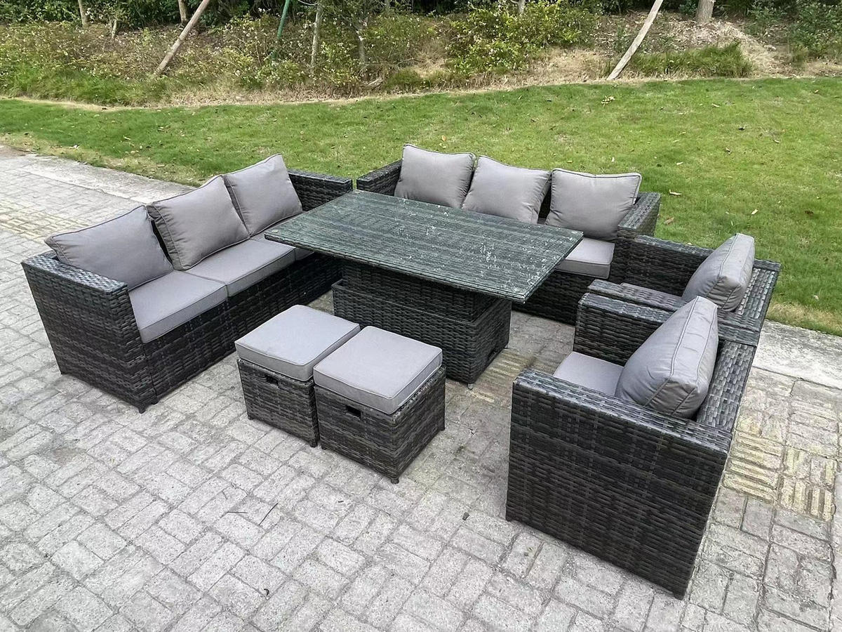 GARTENMÖBEL HÖHENVERSTELLBARER ESSTISCH SET Polyrattan 10-Sitzer - Dunkelgrau/Grau, Glas/Kunststoff - Fimous
