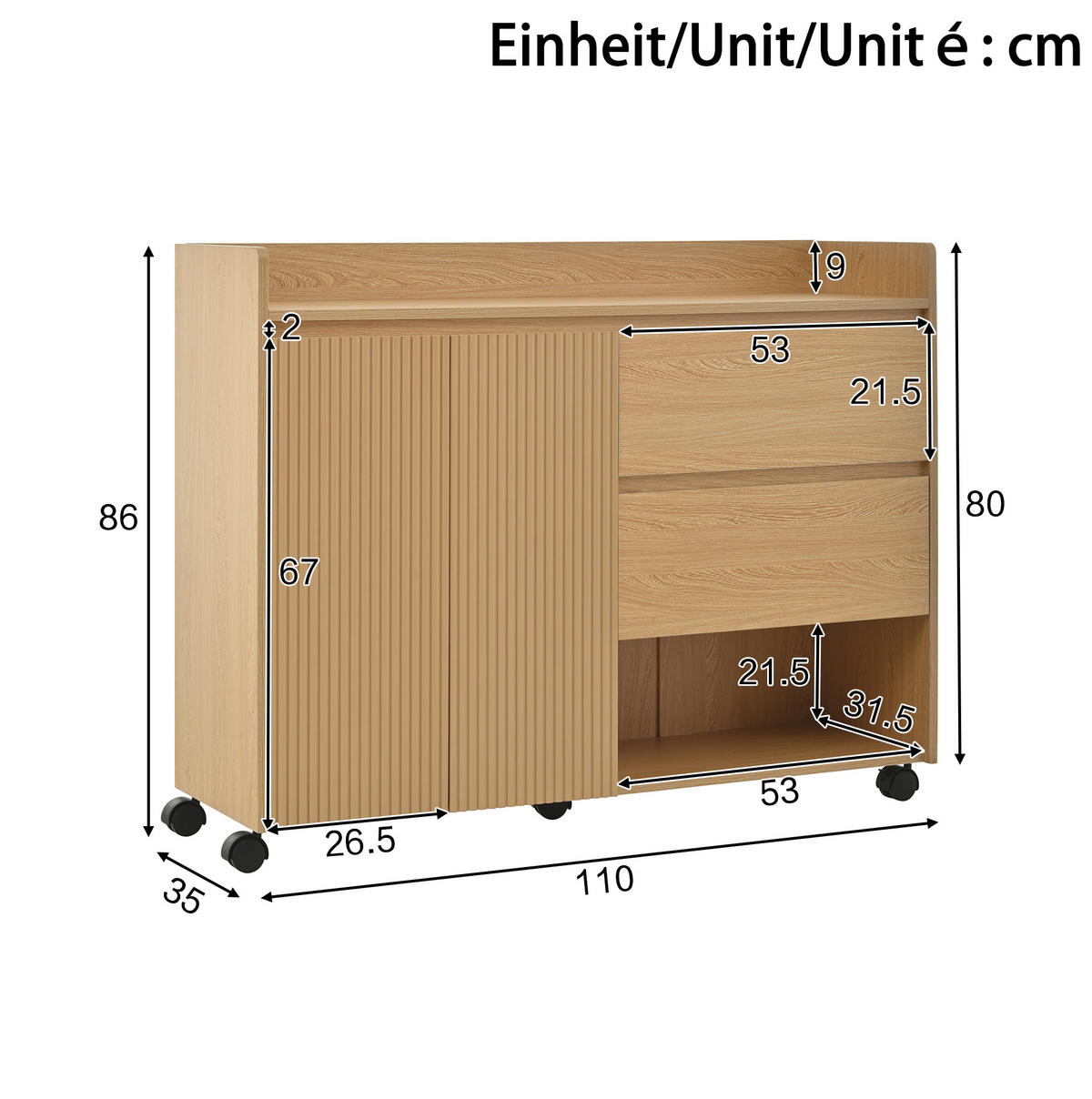 SCHUHSCHRANK 110/35/86 cm in Natur mit Rollen, Schubladen und offenen Fächern - Naturfarben, Holzwerkstoff (110/86/35cm) - Flora Grace