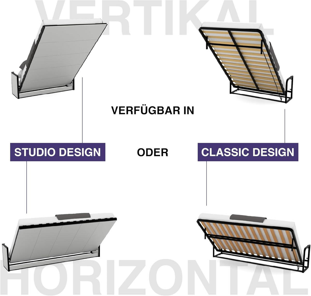 WANDBETT Murphy Studio 160x200 Vertikal, mit Gasdruckfeder-Mechanismus - Brombeere/Graphitfarben, Holzwerkstoff/Metall (160/200cm) - WallBedKing