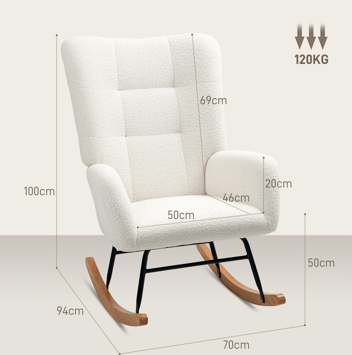 SCHAUKELSTUHL Teddybezug mit Armlehnen 70/94/100 cm Creme - Creme, Textil (70/100/94cm) - Redom