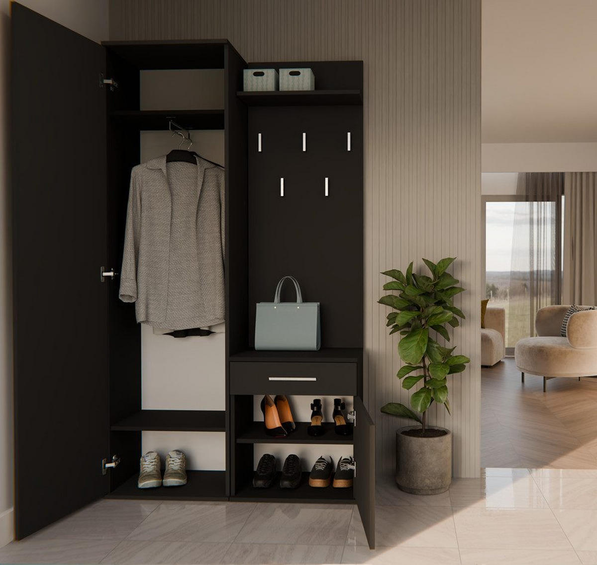 GARDEROBENSET Gustav (3-teilig) - Schwarz, Holzwerkstoff (50/180/35cm) - kommodly