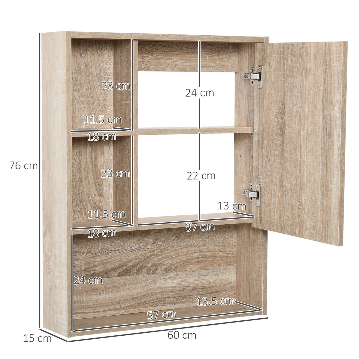 SPIEGELSCHRANK, platzsparend, mit Tür, Wandmontage, 60 x 15 x 76 cm ,Eiche - Braun, Glas (60/76/15cm) - Vallsero