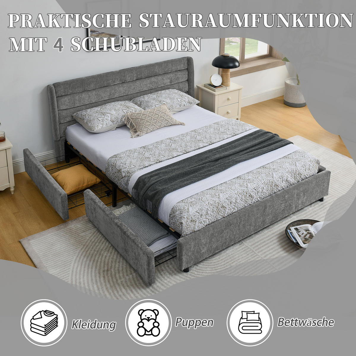 POLSTERBETT 160x200 cm Chenille Schubladen grau - Dunkelgrau, Kunststoff (160/200cm) - LEBENLANG