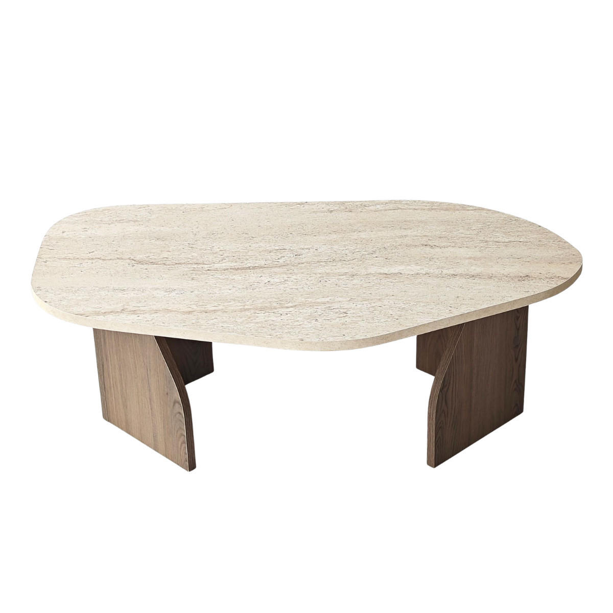 KONFERENČNÍ stolek s organicky tvarovanou deskou a širokými nohami, délka 100 cm - ROCK - barva dubu/světle hnědá, kompozitní dřevo (100/60/35cm) - Calicosy