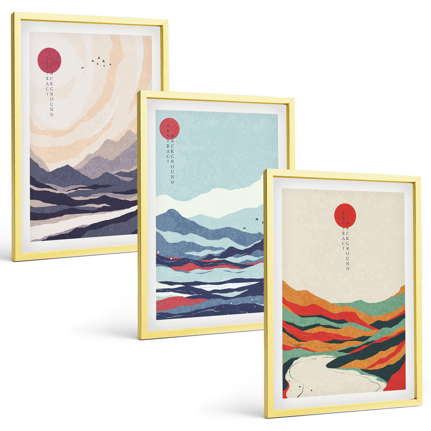 BILDER SET 3er Set - 40x60 cm Goldrahmen - Japanische Bergabstraktionen - Goldfarben, Kunststoff (40/60cm) - TULUP