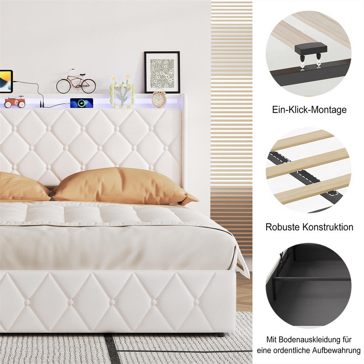 POLSTERBETT 140x200 cm mit hydraulischem Stauraum - Kopfteil Regal & LED - USB - ohne Matratze - Beige - Beige, Textil (140/200cm) - DELFA