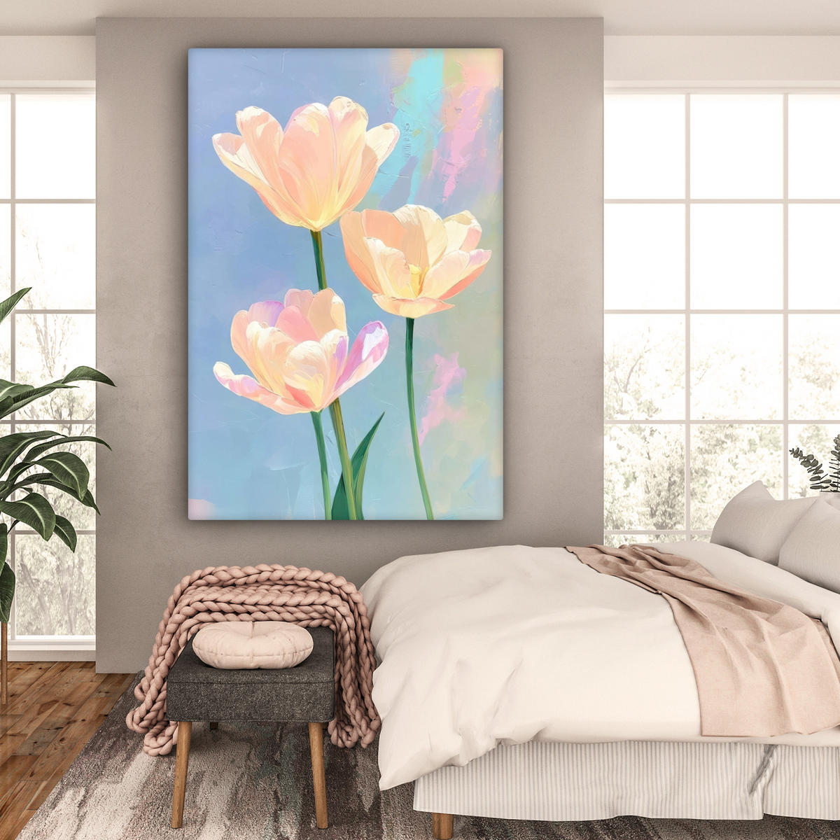 OBRAZ NA PLÁTNĚ Tulipány - růžové akcenty - modré 90x140 cm - pastelově modrá, textil (90/140cm) - MuchoWow