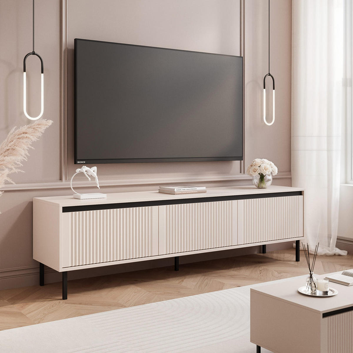 TV-LOWBOARD LIRA stehend, 179 cm Sandbeige - Beige/Schwarz, Holzwerkstoff/Metall (179/50/40cm) - Idohome