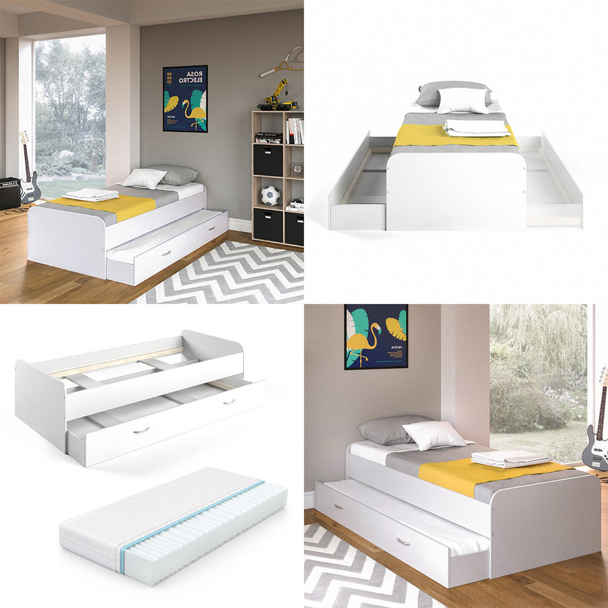 AUSZIEHBETT FÜR KINDER Enzo Weiß 90x200 cm mit Matratze - Weiß, Holzwerkstoff (203.2/52.4/94cm) - VitaliSpa