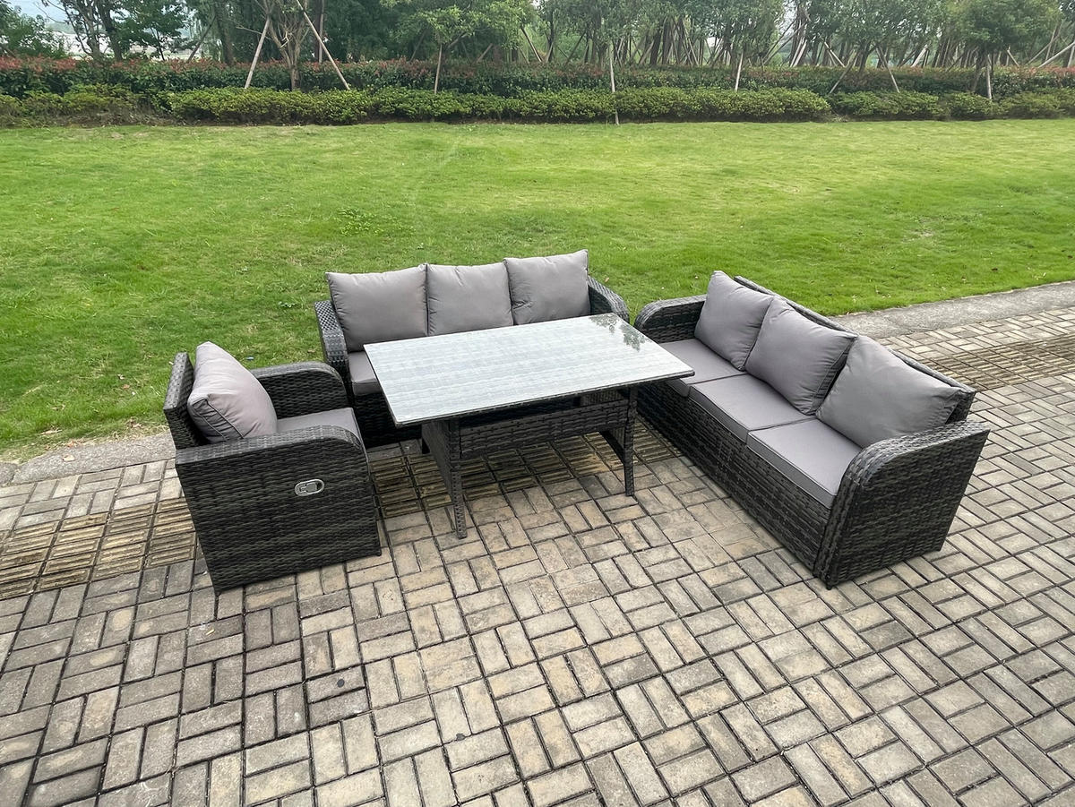 GARTENGARNITUR mit Liegestuhl,3-Sitzer Sofa,2 Hockern Polyrattan Dunkelgrau 7-Sitzer - Dunkelgrau/Grau, Glas/Kunststoff - Fimous