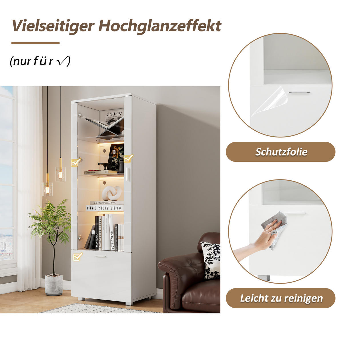 VITRINE LED Hochglanz Acryl 160cm 3 Böden Weiß - Weiß, Holzwerkstoff (50/160/40cm) - FLIEKS