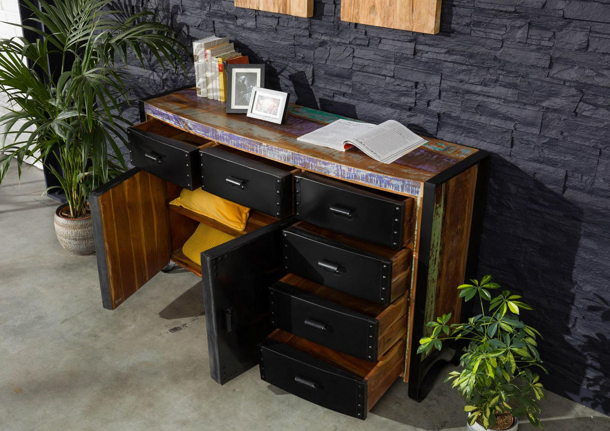 SIDEBOARD Altholz 148x43x90 mehrfarbig lackiert INDUSTRIAL #104 - Multicolor, Holz (148/90/43cm) - Massivmoebel24
