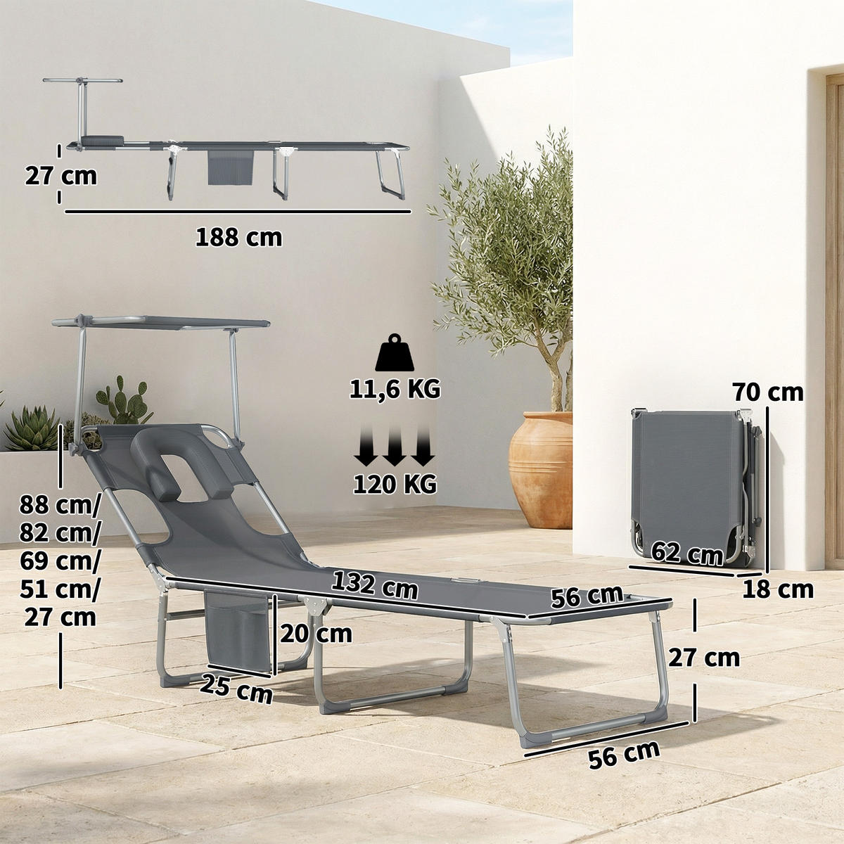 SONNENLIEGE Set aus 2 verstellbaren klappbaren Sonnenliegen mit 360,188*56*27 cm ,Grau - Grau, Metall (56/27/188cm) - Vallsero