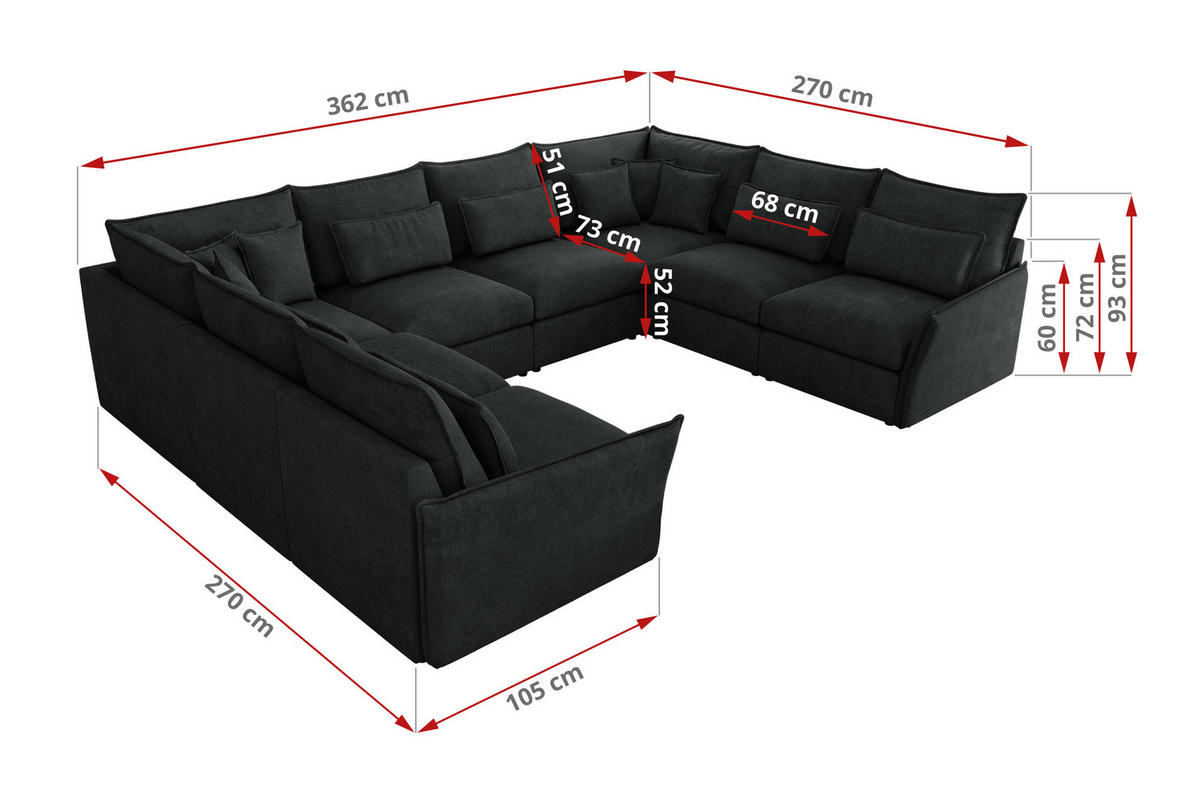 WOHNLANDSCHAFT VERSO U 8M Dunkelgrau Struktur - Dunkelgrau/Schwarz, Kunststoff/Textil (362/93/270cm) - MKS