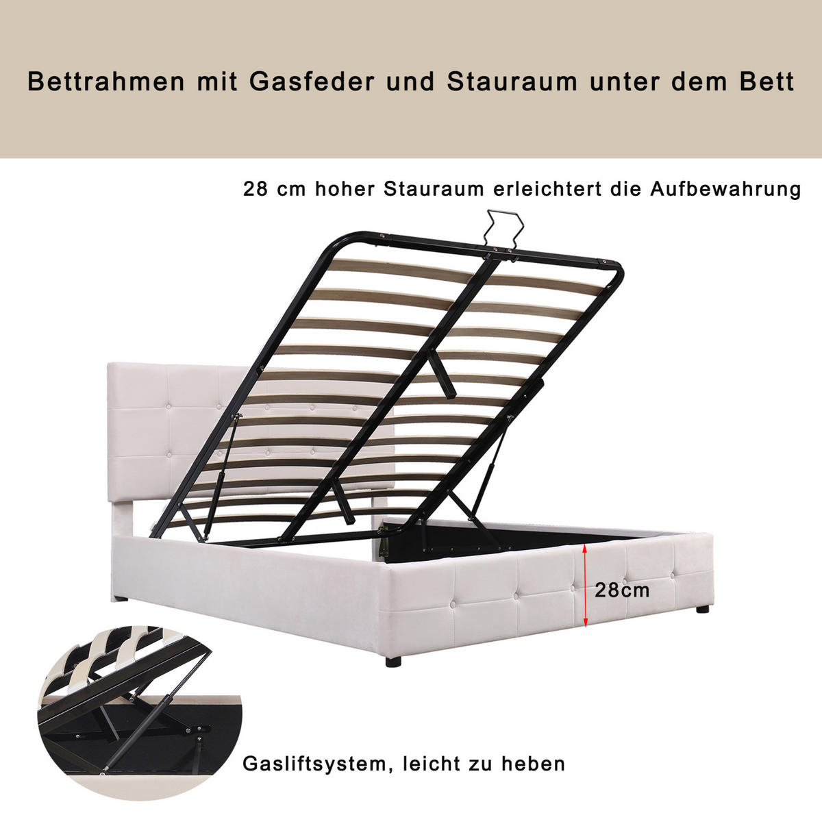 POLSTERBETT 140/200 cm mit hydraulischem Bettkasten und verstellbarem Kopfteil, Samtstoff, Cremeweiß - Weiß, Textil (140/200cm) - Redom