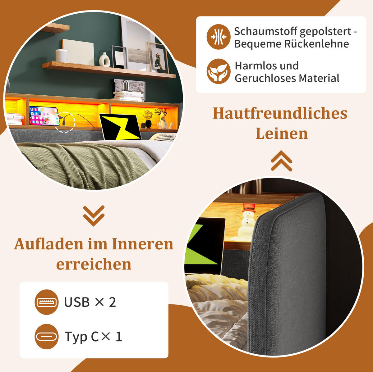 POLŠTÁŘOVÁ postel 140/190 cm šedá z lnu s LED osvětlením, USB-C a úložnými zásuvkami - šedá, textil (140/190cm) - OKWISH